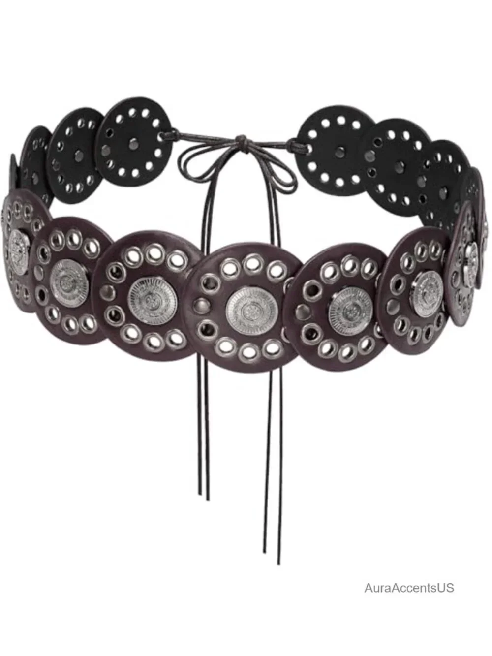 Women Western Disc Belt Boho PU Leather Concho Tie Waist Belt